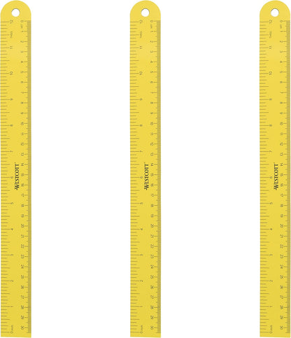 Westcott ‎12 inch Magnetic Flexible Rulers (3 Pack), Yellow, for School, Office, Crafts and DIY, Measuring Tools for Students and Adults