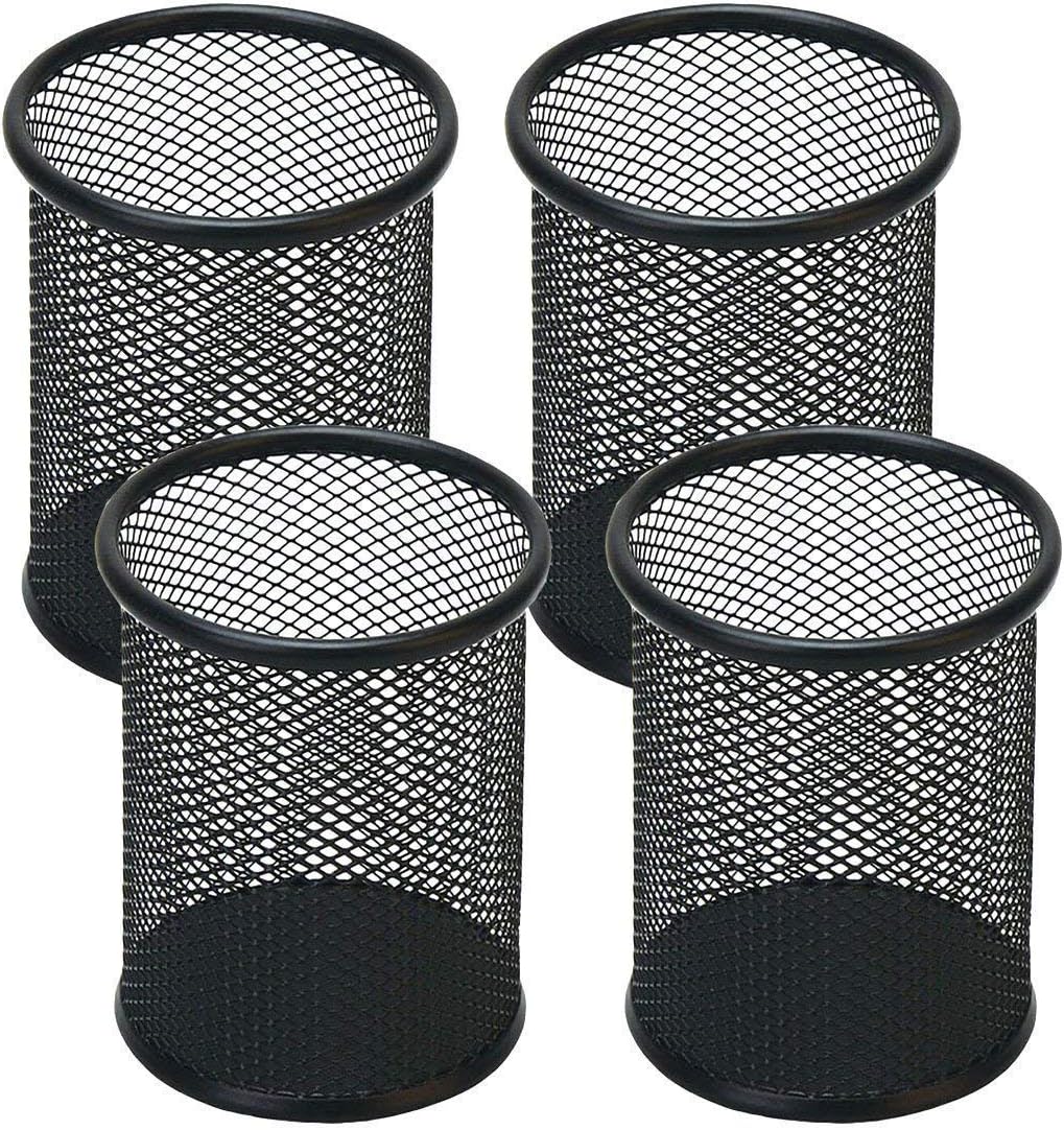 Pen Holder Mesh Pencil Holder Metal Pen Holder Cup Pencil Cup Holder for Desk Office Pen Organizer Black, 4 Pack