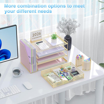 gianotter Desk Organizers and Accessories with File Holder, 4-Tier Desk Accessories & Workspace Organizers with Drawer and 2 Pen Holder, Paper Organizer for Office Supplies(Gold)