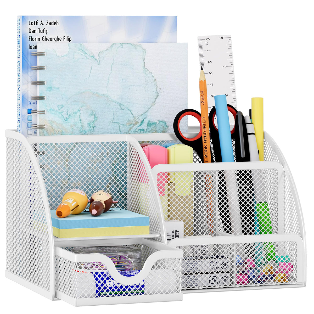 EasyPAG Mesh Desk Organizer with Drawer Multi-functional Pen Holder Stationery Organizer for Office School Supplies 6 Compartments Dorm Organizers and Storage for Desk, White