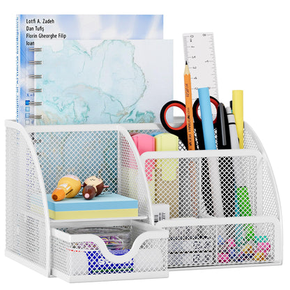EasyPAG Mesh Desk Organizer with Drawer Multi-functional Pen Holder Stationery Organizer for Office School Supplies 6 Compartments Dorm Organizers and Storage for Desk, White