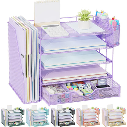 gianotter Desk Organizers and Accessories with File Holder, 4-Tier Desk Accessories & Workspace Organizers with Drawer and 2 Pen Holder, Paper Organizer for Office Supplies (Wood)