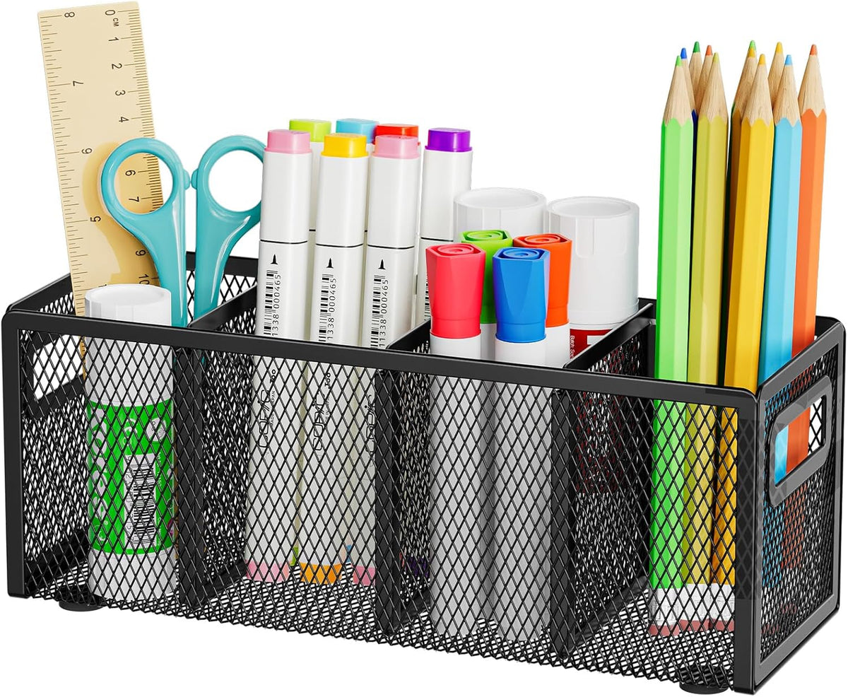 Marbrasse Mesh Pen Holder for Desk, Pencil Holder Desk Organizer 3 Adjustable Compartments, Pencil Cup with Handle Perfect for Classroom, Office, Home, Makeup, Art (4 Compartments - Black)