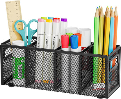 Marbrasse Mesh Pen Holder for Desk, Pencil Holder Desk Organizer 3 Adjustable Compartments, Pencil Cup with Handle Perfect for Classroom, Office, Home, Makeup, Art (4 Compartments - Black)