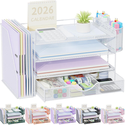 gianotter Desk Organizers and Accessories with File Holder, 4-Tier Desk Accessories & Workspace Organizers with Drawer and 2 Pen Holder, Paper Organizer for Office Supplies(Gold)