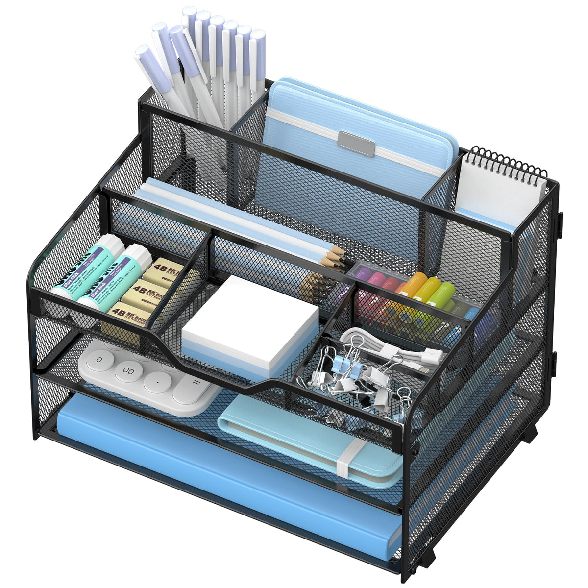 3 Tier Mesh Paper Desk Organizer with Pen Holders, White