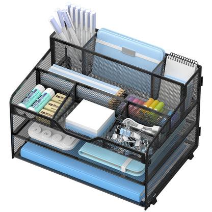 3 Tier Mesh Paper Desk Organizer with Pen Holders, White