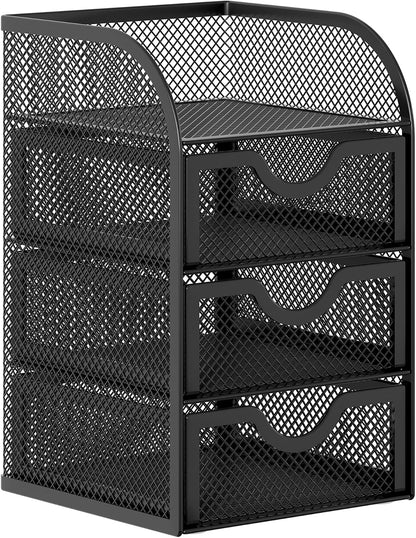 EasyPAG Mesh Desk Organizer with 3 Drawer Office Desktop Organizers and Accessories Stationery Caddy for Office, Home, Students, Black