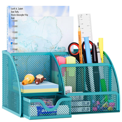 EasyPAG Mesh Desk Organizer with Drawer Multi-functional Pen Holder Stationery Organizer for Office School Supplies 6 Compartments Dorm Organizers and Storage for Desk, White