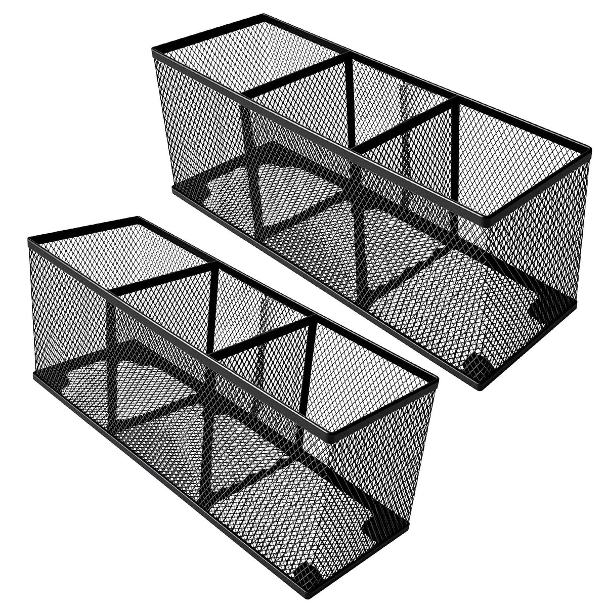 Metal Mesh Pencil Holder, Spacious 3-Compartment Desk Organizer for Pens, Makeup Brushes, Utensils, Multipurpose Office, School ,Kitchen, Home Desktop Storage, 10.43 x 3.35 x 4.04 Inches, Black
