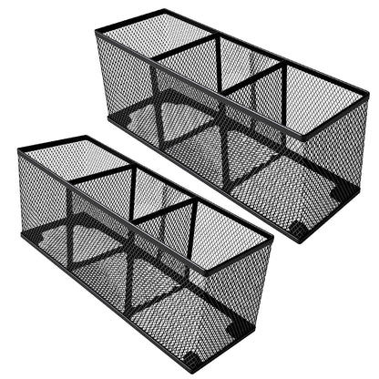 Metal Mesh Pencil Holder, Spacious 3-Compartment Desk Organizer for Pens, Makeup Brushes, Utensils, Multipurpose Office, School ,Kitchen, Home Desktop Storage, 10.43 x 3.35 x 4.04 Inches, Black