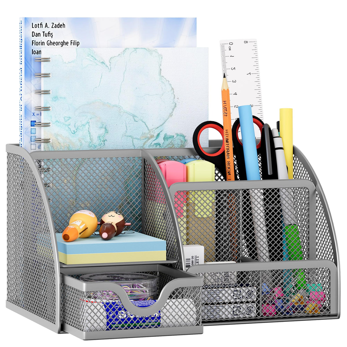 EasyPAG Mesh Desk Organizer with Drawer Multi-functional Pen Holder Stationery Organizer for Office School Supplies 6 Compartments Dorm Organizers and Storage for Desk, White