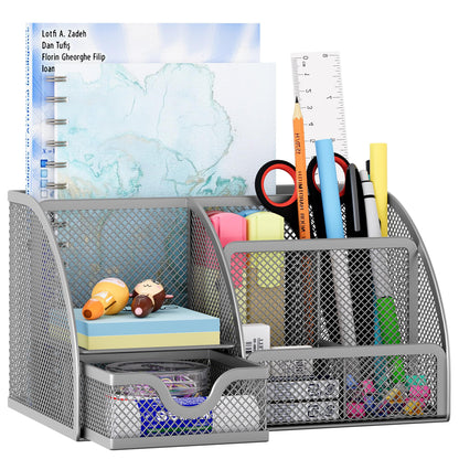 EasyPAG Mesh Desk Organizer with Drawer Multi-functional Pen Holder Stationery Organizer for Office School Supplies 6 Compartments Dorm Organizers and Storage for Desk, White