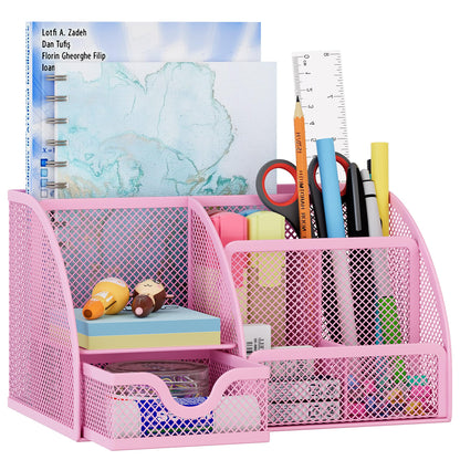 EasyPAG Mesh Desk Organizer with Drawer Multi-functional Pen Holder Stationery Organizer for Office School Supplies 6 Compartments Dorm Organizers and Storage for Desk, White