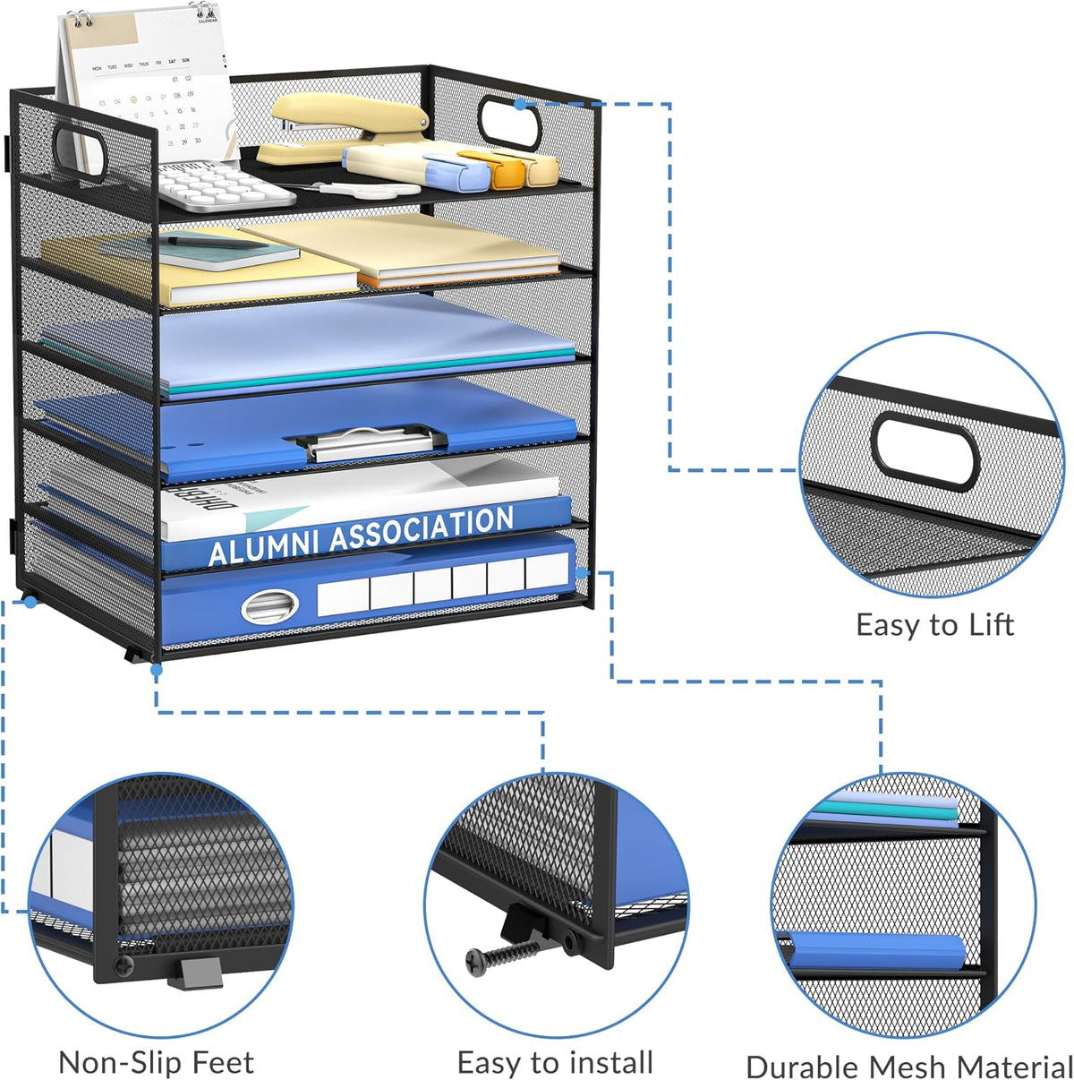 Daltack 6-Tier Paper Organizer for Desk with Handle, Black