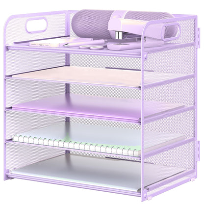 Letter Tray Paper Organizer 5-Tier Desk Organizer File Organizer Paper Holder with Handle, Metal Desktop Document Shelf Tray Office Classroom Organization - Black