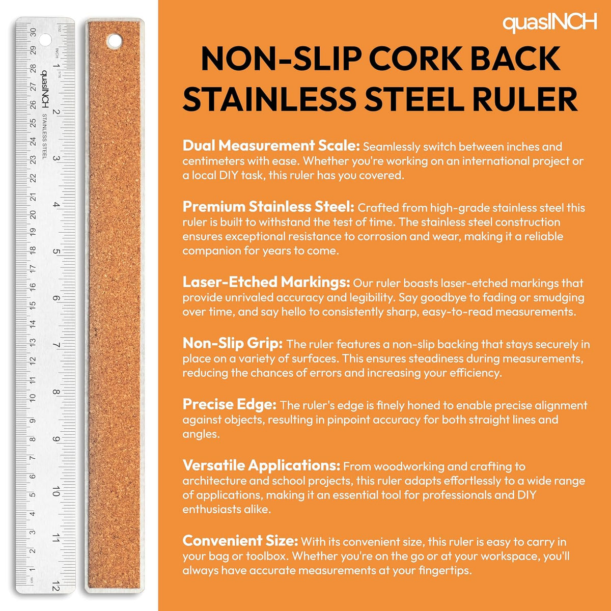 Stainless Steel Metal Ruler, 30.5 cm & 12 inches, Silver Color