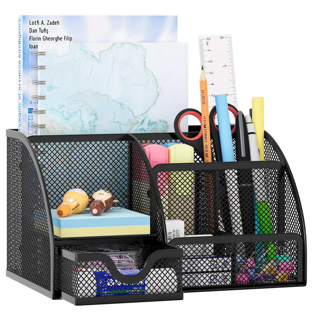 EasyPAG Mesh Desk Organizer with Drawer Multi-functional Pen Holder Stationery Organizer for Office School Supplies 6 Compartments Dorm Organizers and Storage for Desk, White