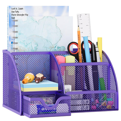 EasyPAG Mesh Desk Organizer with Drawer Multi-functional Pen Holder Stationery Organizer for Office School Supplies 6 Compartments Dorm Organizers and Storage for Desk, White