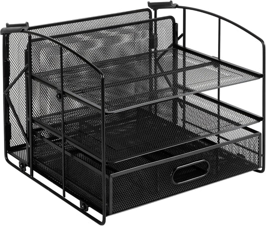 Amazon Basics Sturdy Rectangular Desktop Organizer with 3 Trays, Sliding Drawer and Hanging File Holder for Office Supplies, Black