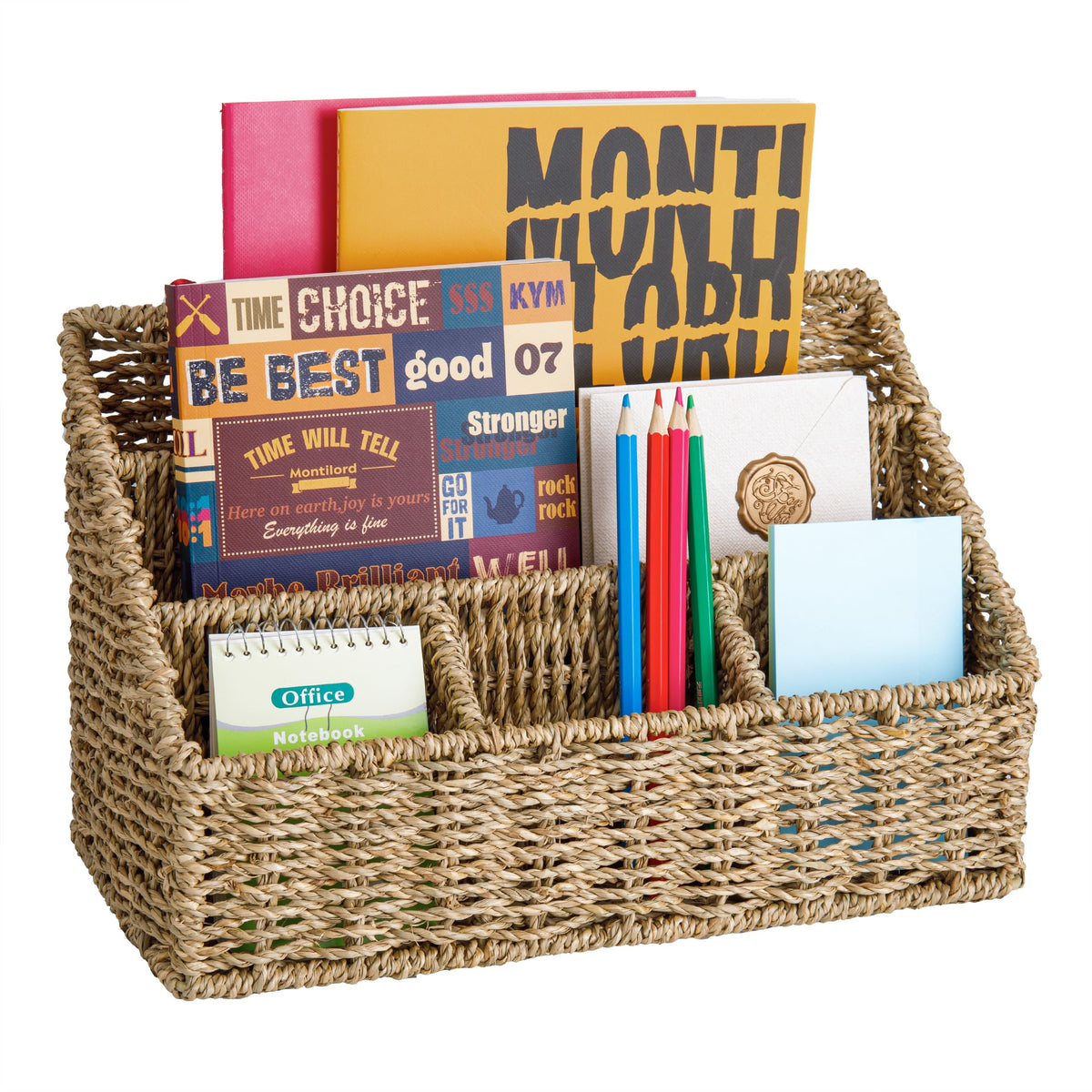 DINGTAI Rattan Desk Organizer, Tabletop Mail Holder, 5 Slot Mail Organizer Countertop Basket, Rattan Office Supplies, Boho Office Desk Accessories, Wicker Desk Organizer, Magazine Holder（Wicker）
