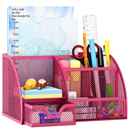 EasyPAG Mesh Desk Organizer with Drawer Multi-functional Pen Holder Stationery Organizer for Office School Supplies 6 Compartments Dorm Organizers and Storage for Desk, White