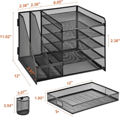 Marbrasse Desk Organizer with File Holder, 5-Tier Paper Letter Tray Organizer with Drawer and 2 Pen Holder, Mesh Desktop Organizer and Storage with Magazine Holder for Office Supplies(Black)