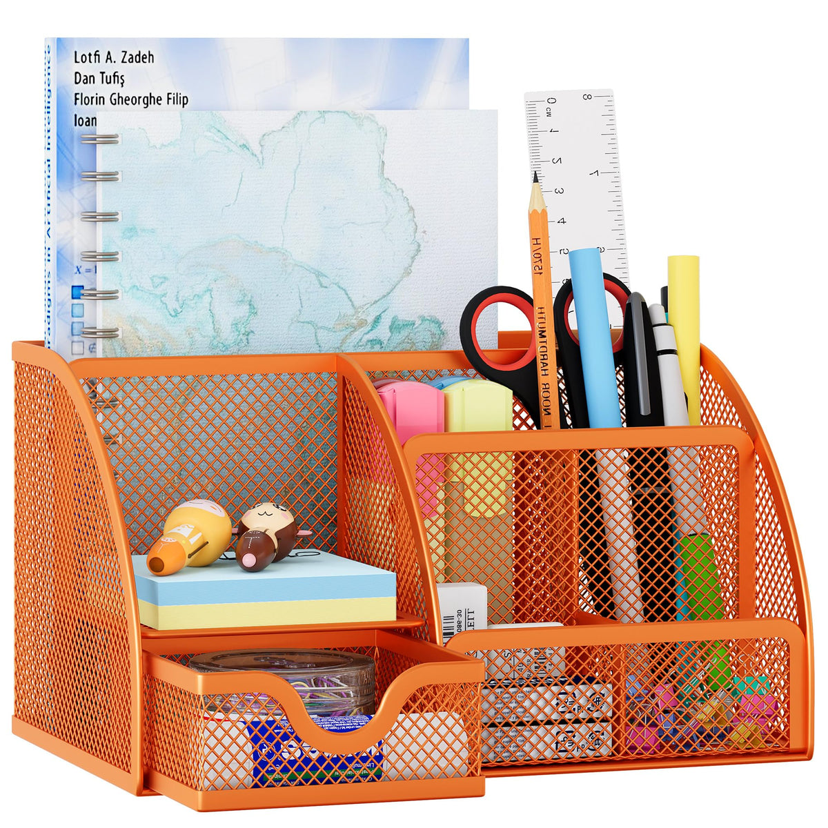 EasyPAG Mesh Desk Organizer with Drawer Multi-functional Pen Holder Stationery Organizer for Office School Supplies 6 Compartments Dorm Organizers and Storage for Desk, White