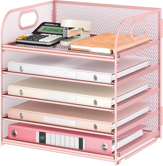 5 Tray Paper Organizer Letter Tray with Handle - Mesh Desk File Organizer, Paper Sorter Organizer for Office, Home or School File Folder Holder - Pink