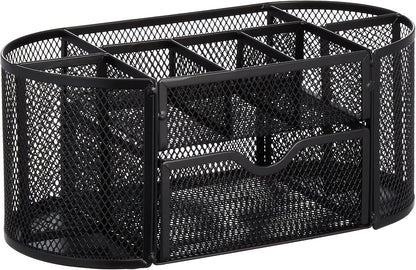 Amazon Basics Mesh Desk Organizer with Pen Holder, Pullout Drawer and Office Caddy Storage, 9.25" x 4.53" x 3.94", Black
