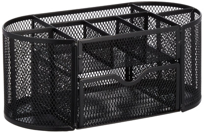 Amazon Basics Mesh Desk Organizer with Pen Holder, Pullout Drawer and Office Caddy Storage, 9.25" x 4.53" x 3.94", Black