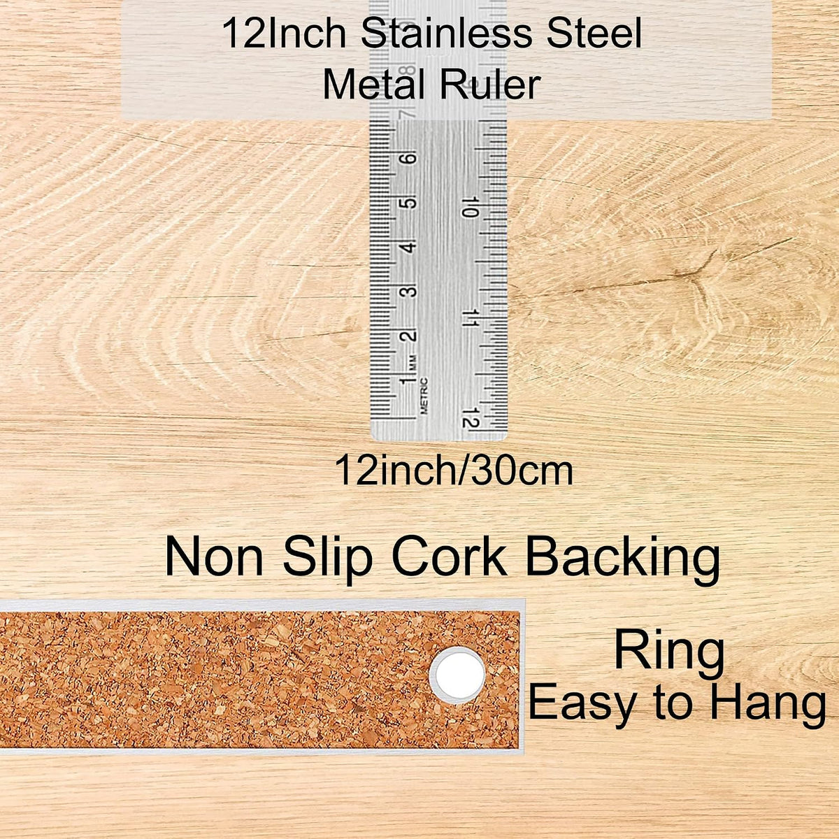 Metal Ruler 12 Inch, Non-Slip Cork Backing, Ink Bleed-Resistant Edge, 1 Pcs
