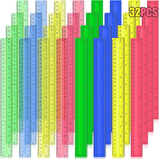 12 Inch Plastic Rulers, 32 PCS Transparent Assorted Color Metric Bulk Rulers with Inches Centimeters Millimeter. Measuring Drawing Tool for Kids, Ideal Back to School Office Home Supplies