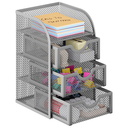 EasyPAG Mesh Desk Organizer with 3 Drawer Office Desktop Organizers and Accessories Stationery Caddy for Office, Home, Students, Black